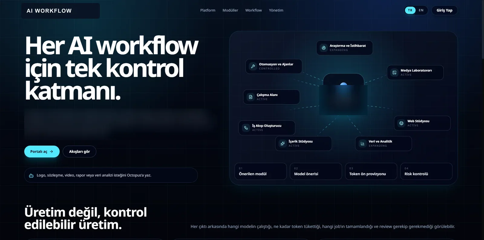 Yapay zekâ iş akışı platformunun anonimleştirilmiş modül yönlendirme ekranı