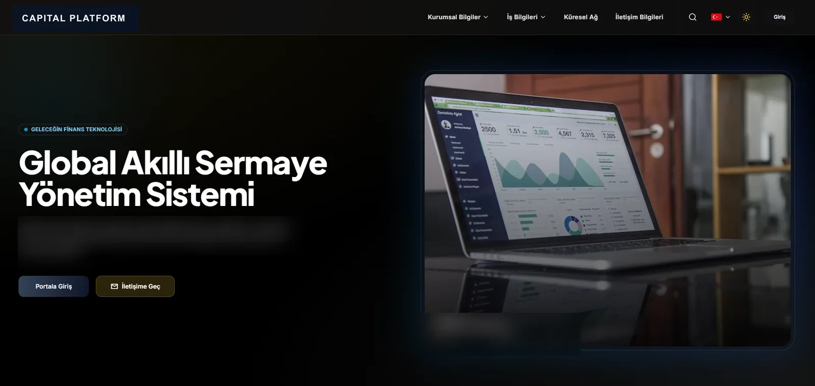 Kurumsal sermaye ve aracılık platformunun anonimleştirilmiş ana sayfası
