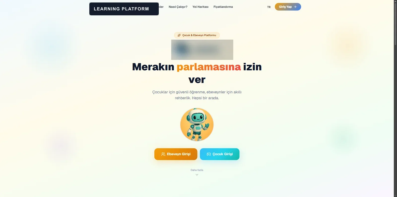 Çocuk ve ebeveyn öğrenme platformunun anonimleştirilmiş ana sayfası
