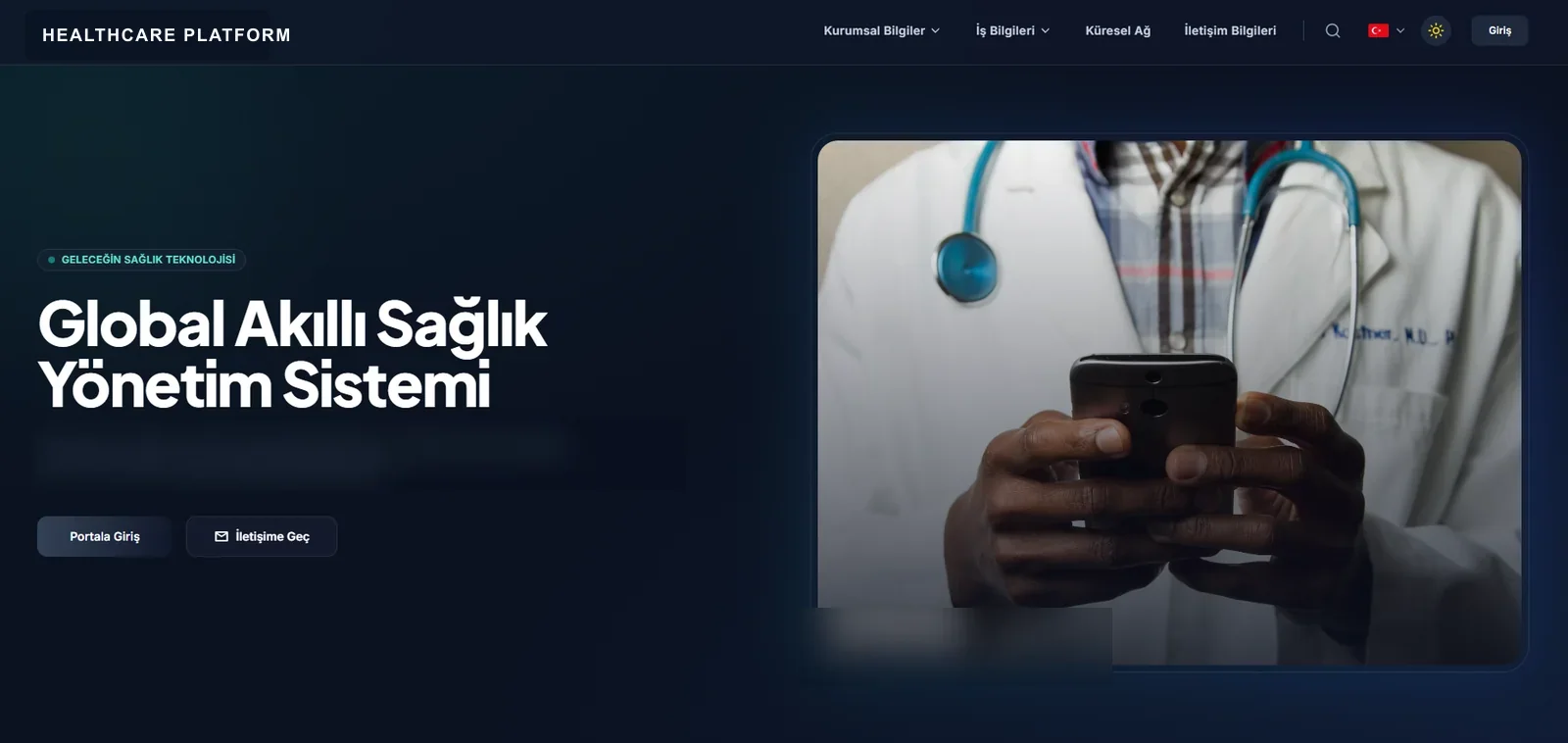 Entegre sağlık yönetim platformunun anonimleştirilmiş ana sayfası