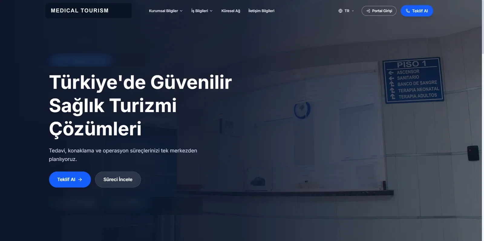 Sağlık turizmi operasyon platformunun anonimleştirilmiş ana sayfası