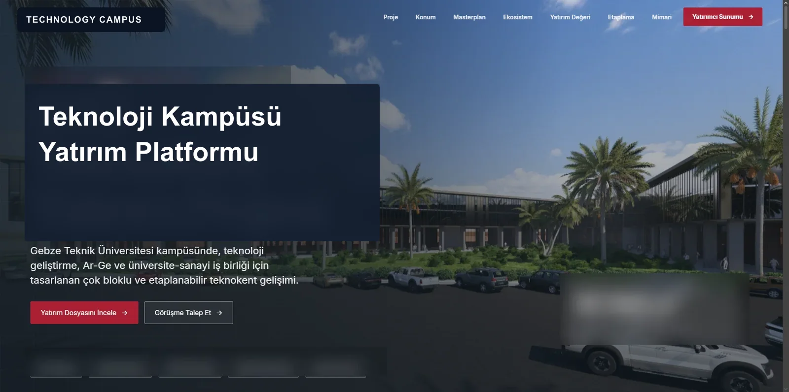 Teknoloji kampüsü yatırım projesinin anonimleştirilmiş sunum sayfası