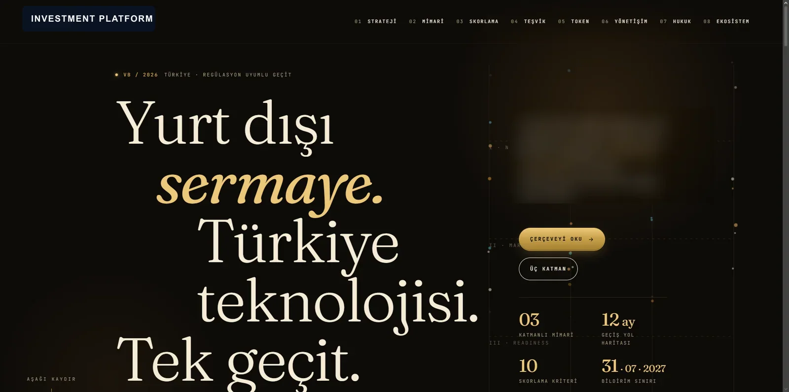 Teknoloji yatırım değerlendirme platformunun anonimleştirilmiş ana sayfası