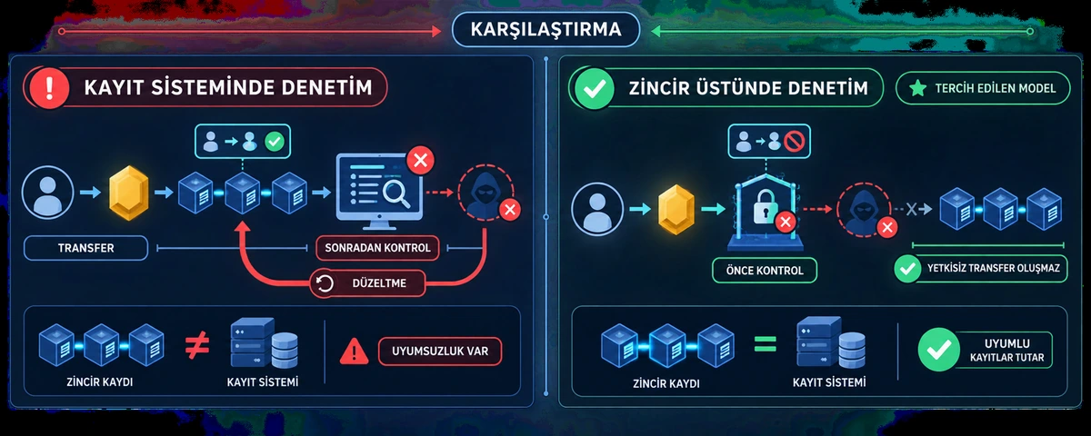 Kayıt sisteminde sonradan denetim ile zincir üstünde önleyici denetimin karşılaştırması